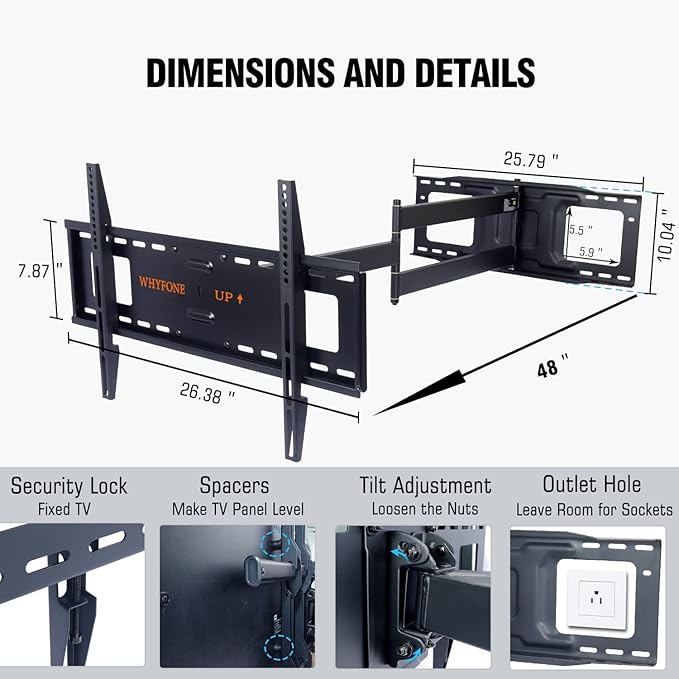 48'' Extension Extra Long Arm TV Wall Mount, Heavy Duty Full Motion TV Wall - Image 6
