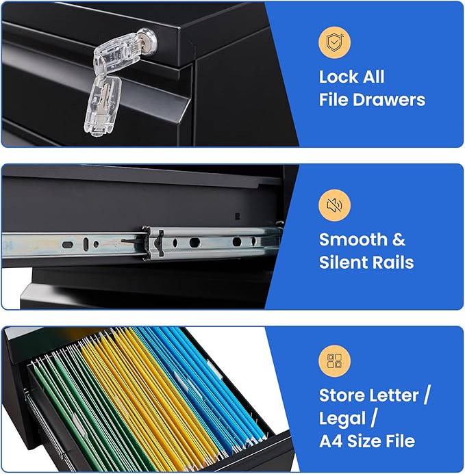 MIIIKO File Cabinet 3 Drawers on Wheels Under Desk, Un-Assembled Filing Cabinet - Image 9
