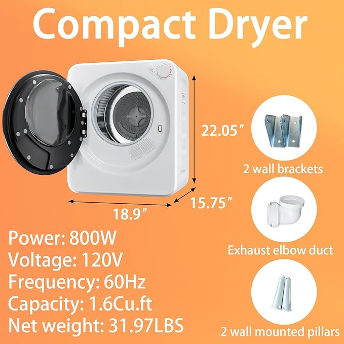 1.5 Cu.Ft Portable Clothes Dryer, 800W Fast Drying Front Load Laundry Dryer - Image 2
