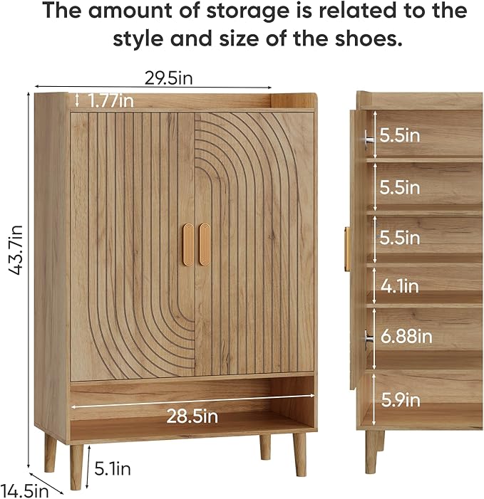 Smuxee Oak Shoe Cabinet with Line Groove Design, 6-Tier Shoe Storage Cabinet - Image 2