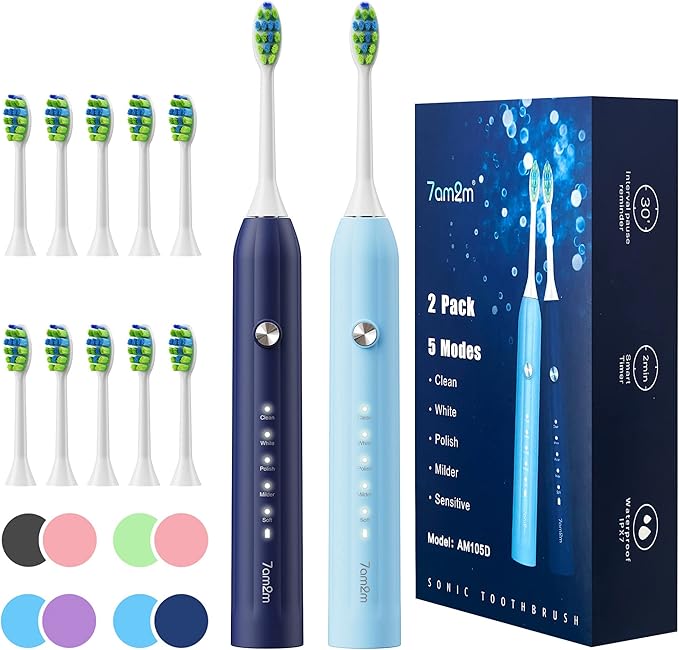 7AM2M Rechargeable Sonic Electric Toothbrush 2 Pack, Soft Toothbrushes by 7AM2M
