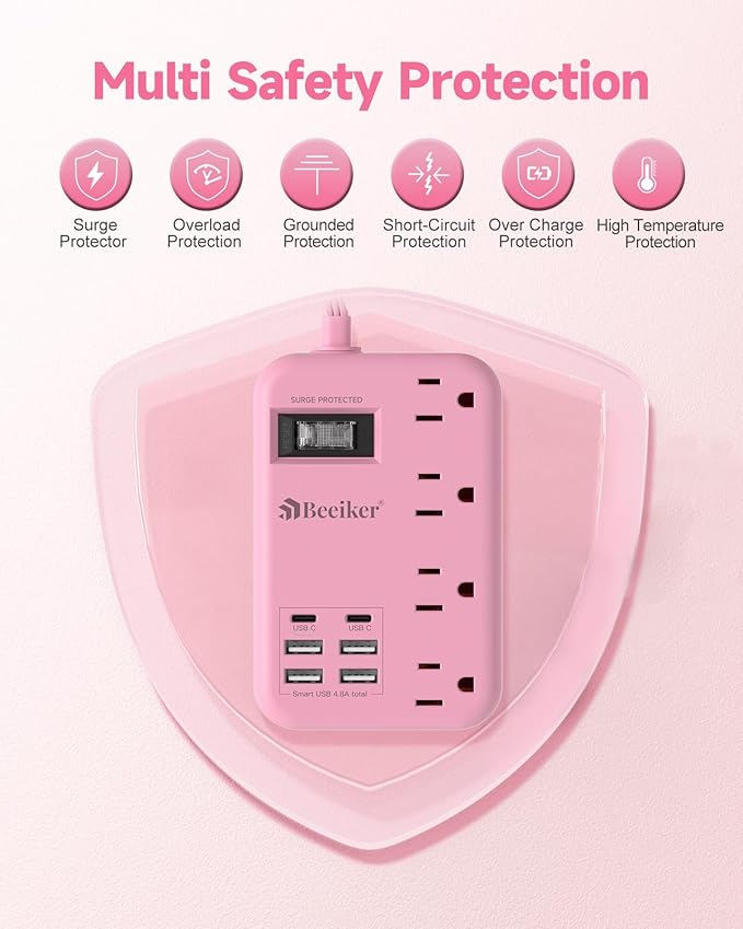 6 USB Pink Extension Cord- 5Ft Travel Power Strip - Image 7