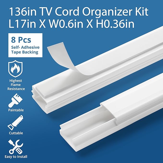 136in Cord Hider for Wall Mount TV, YCLYC 8Pack Cable Hider Kit, Paintable - Image 3