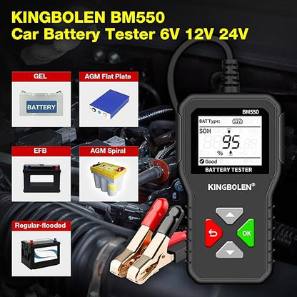 KINGBOLEN BM550 6V 12V 24V Car Battery Tester, 100-2000 CCA Voltage Tester - Image 2