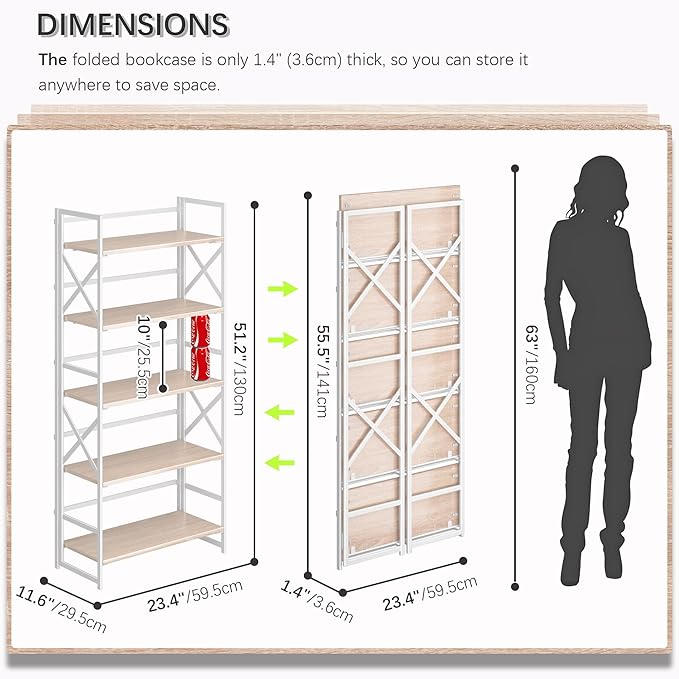 4NM 5 Tiers No Assembly Book Shelves, 51.2" H Folding Bookshelf Bookcase Open - Image 2