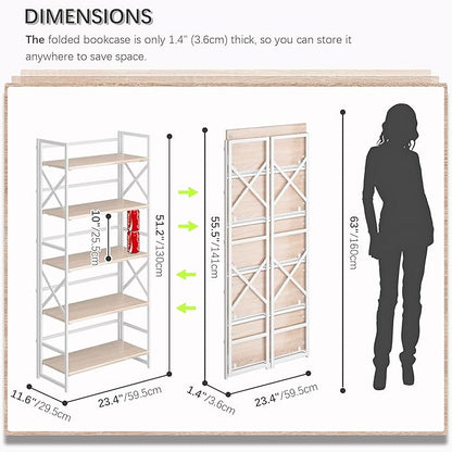 4NM 5 Tiers No Assembly Book Shelves, 51.2" H Folding Bookshelf Bookcase Open - Image 2