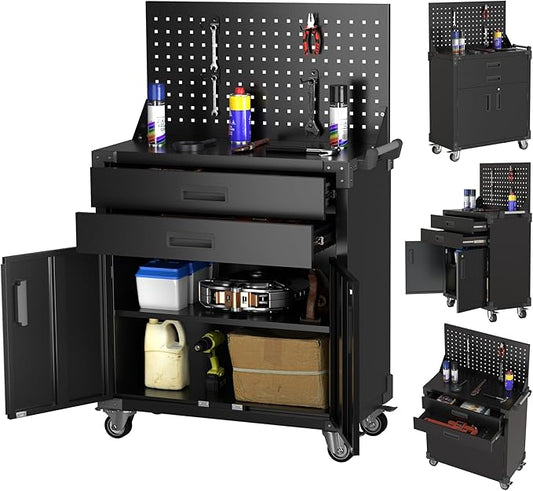 SUXXAN Black Tool Cart with Pegboard and 4 Hooks, Garage Storage Cabinet on by SUXXANFurniture