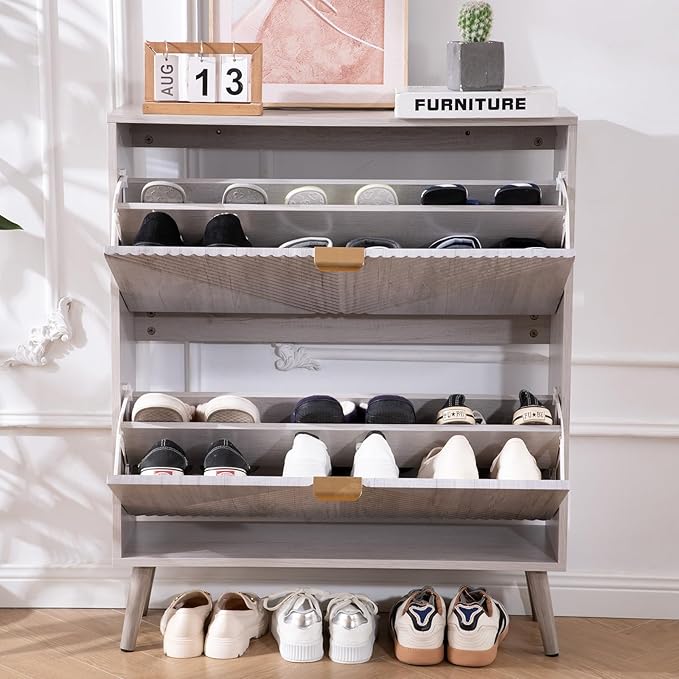 Shoe Cabinet with 2 Flip Drawers, Freestanding Shoe Cabinet Organizer with 4 - Image 8