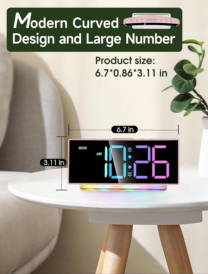 Cadmos Modern Curved Cute Digital Alarm Clock, Colorful Led Display, Adjustable - Image 2