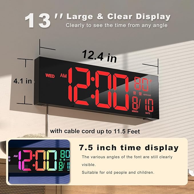 JALL 13" Large Digital Wall Mount Clock, Count Down Timer, Big LED, Temperature - Image 2