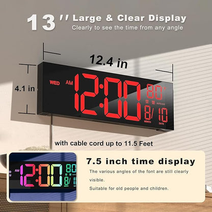 JALL 13" Large Digital Wall Mount Clock, Count Down Timer, Big LED, Temperature - Image 2
