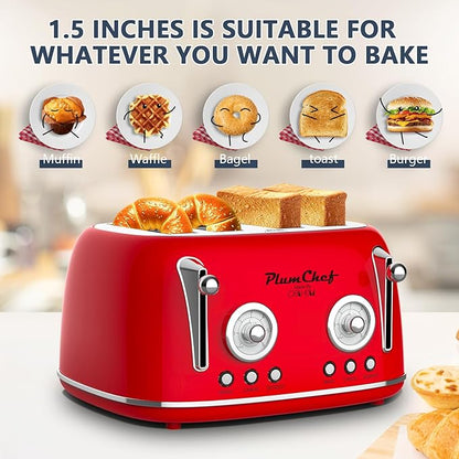 Plumchef 4 Slice Wide Slot Retro Style Toaster, Dual Control Toaster wtih Timer - Image 3