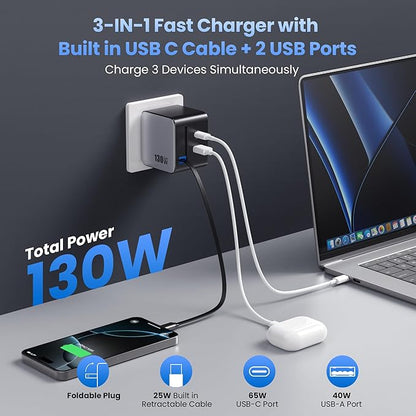 130W USB C Wall Charger, GaN III 3-Port Fast Charging Station, PD QC Foldable - Image 3