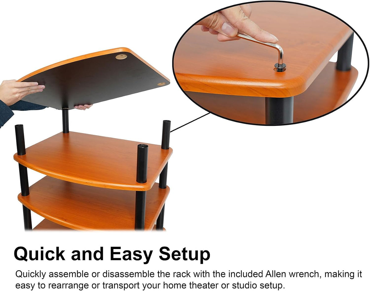 Rockville FLX Classic Wood Adjustable Height 4 Shelf Rack for Home Theater