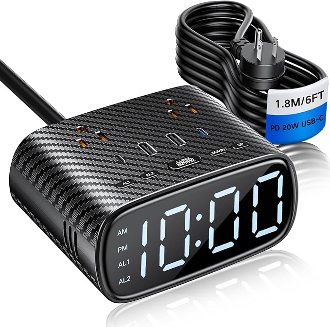 XBA Digital Alarm Clock with 20W USB C Ports, Dual Alarm Clock Power Strip with by XBA