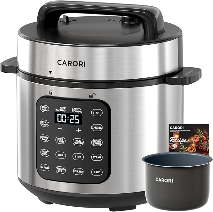 Electric Pressure Cooker 6 Quart Silver, Non-stick Pot, 9-in-1 Instant Pot by CARORI