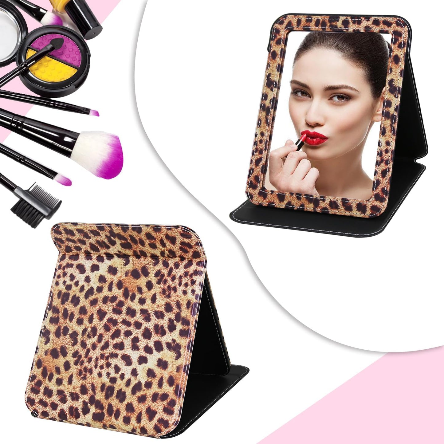 Foldable Travel Makeup Mirror, Portable PU Leather Standing Desk Mirror Rounded Corner, Large Folding Desktop Vanity Mirror with Adjustable Stand for Vanity Table, Office, Camping Leopard Print