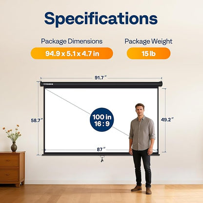 VIVOHOME 100 Inch 16:9 Pull Down Projector Screen, HD 4K Retractable Movie - Image 8