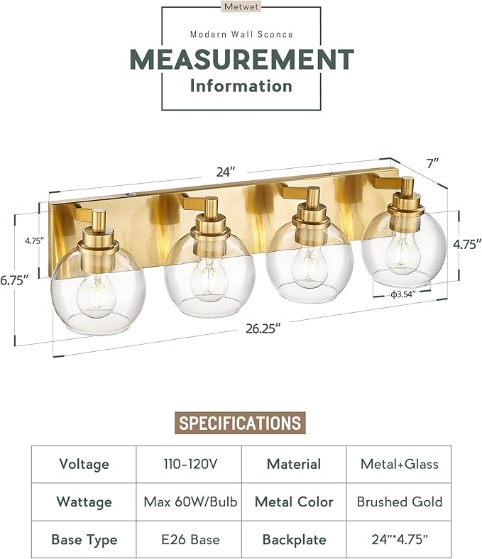 METWET Bathroom Light Fixtures, 4 Light Brushed Gold Vanity Light, 26 Inch - Image 3