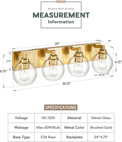 METWET Bathroom Light Fixtures, 4 Light Brushed Gold Vanity Light, 26 Inch - Image 3