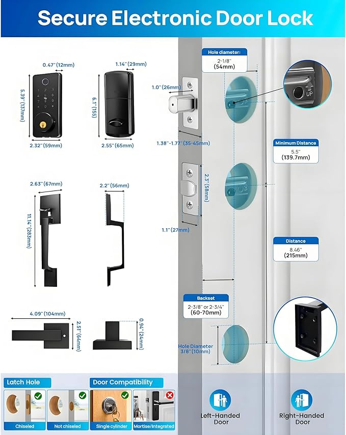WiFi Smart Keyless Entry Door Lock Set w/Front Door Handle, 0.1s Fingerprint - Image 8