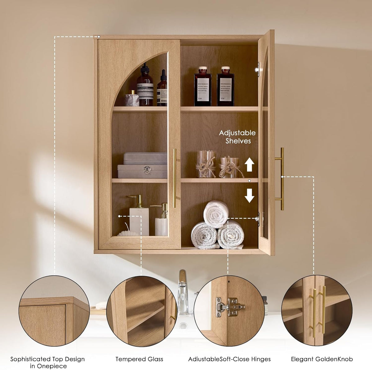 Bathroom Wall Cabinet, 23.5×31.4'' Storage Cabinet, Arched Cabinet Wa...