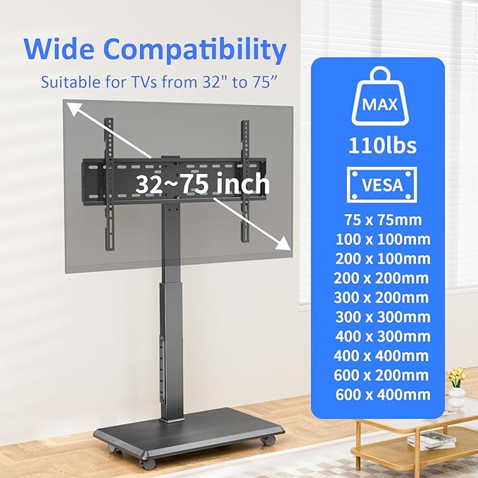 Afaloona Rolling TV Stand with Power Outlet, Mobile TV Stand - Image 2