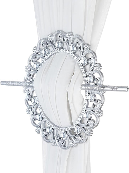 2 Pack Silver Curtain Tiebacks Round Curtain Holdbacks Plastic Curtain Clips Buckle Drapery Holdbacks Crystal Drapery Tiebacks for Home Window Decoration, with Fixing Rod (Silver)