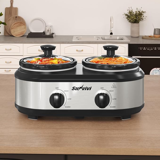 Sunvivi Dual Slow Cooker, Buffet Server and Food Warmer, Small Mini Pot - Image 2