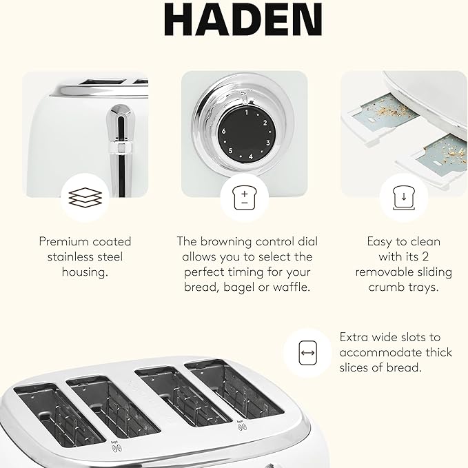 HADEN Heritage Toaster with Extra Wide Slots, Ivory & Chrome - Image 3