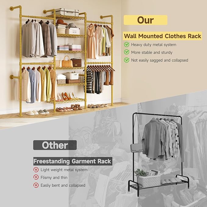 ONBRILL H3 Wall Mounted Closet System, Expandable Industrial Pipe Clothes Rack - Image 4