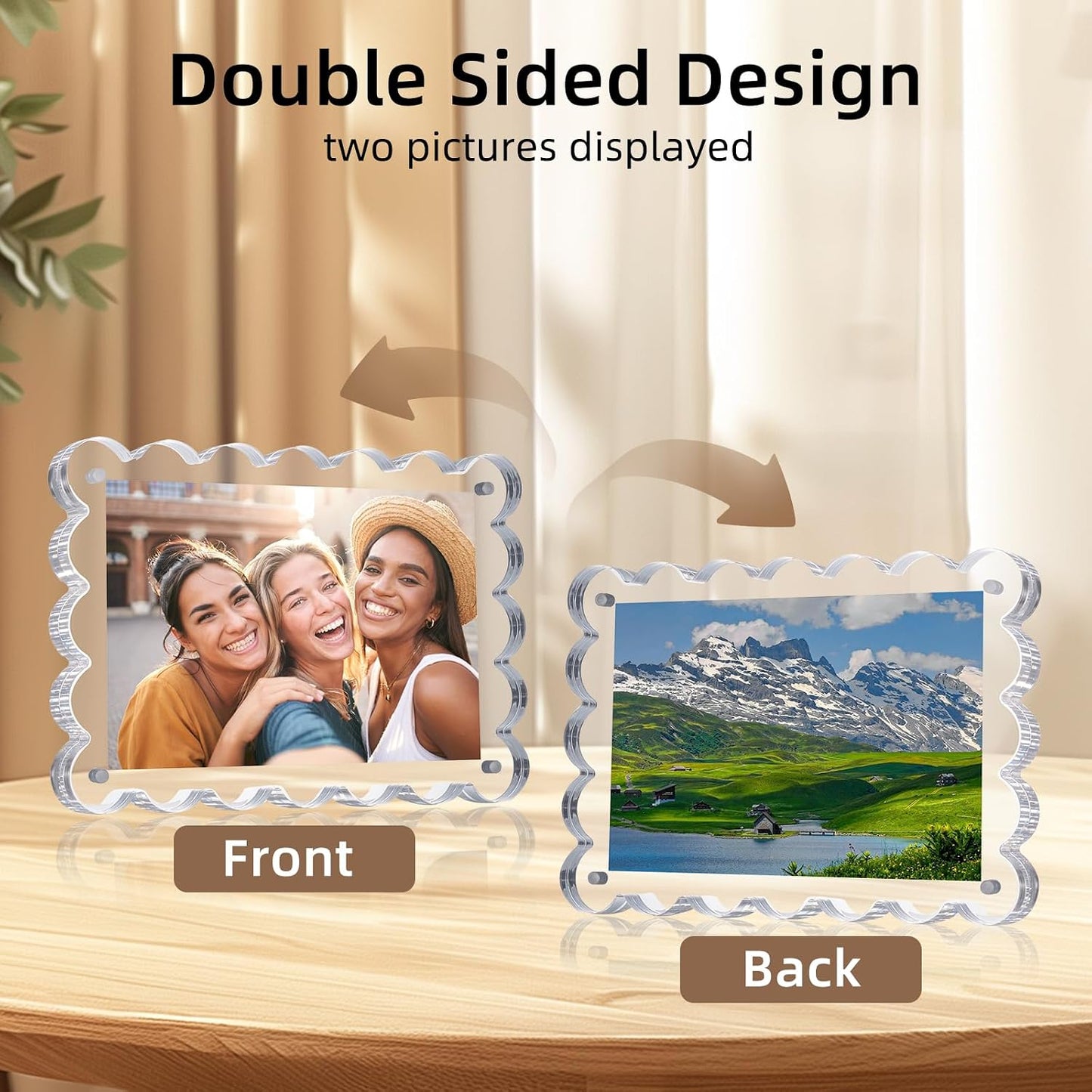 Chivalral 3 Pack 4x6 Acrylic Picture Frame, Double-Sided Tabletop Display | Scalloped Edge Design,10+10mmThick,Magnetic Photo Frames,Horizontal/Vertical,Gift for Birthday Wedding Anniversary,Home decor