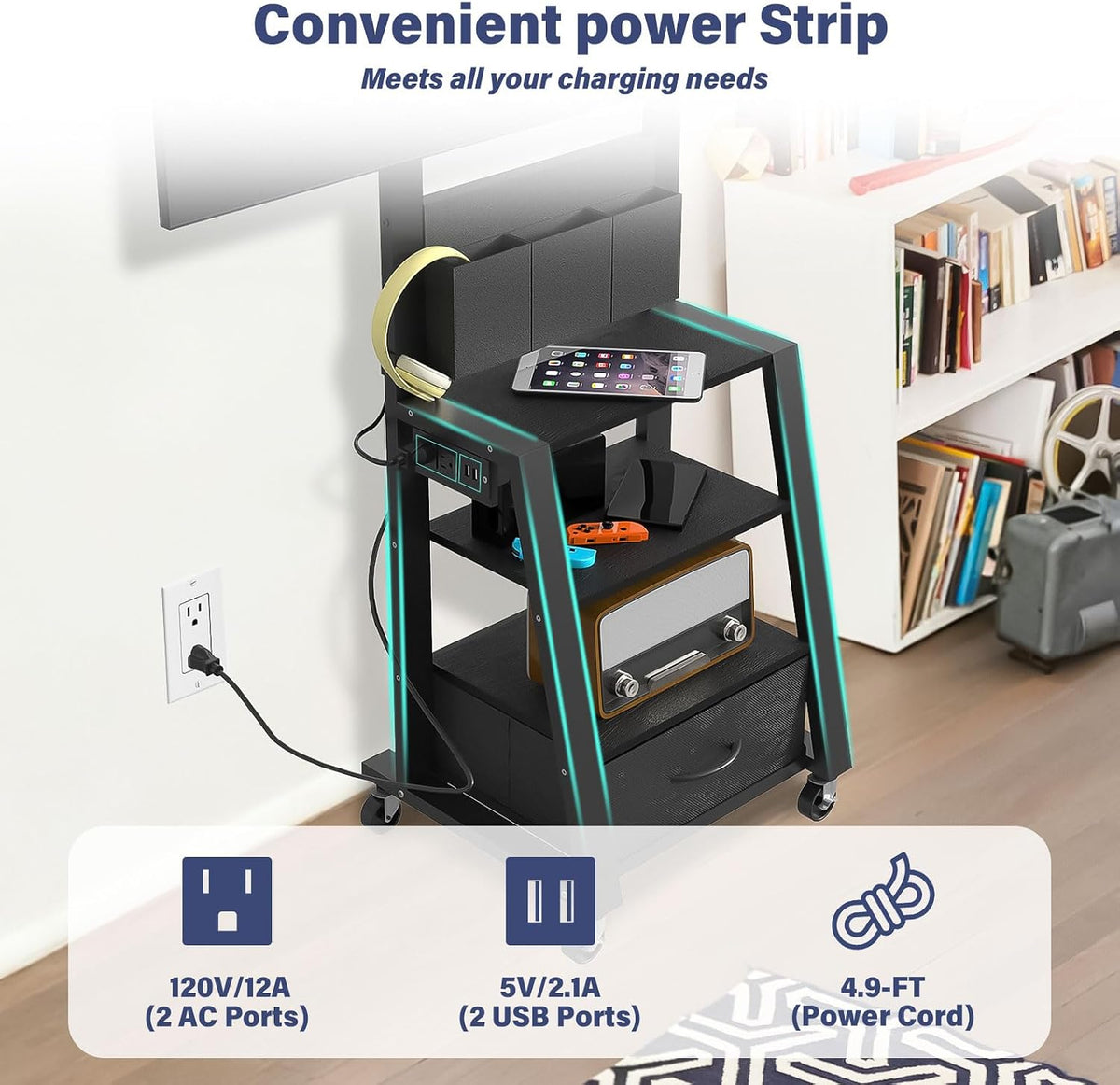 Rolling TV Stand with Power Outlet & 4-Tier Storage for 23"-60"...