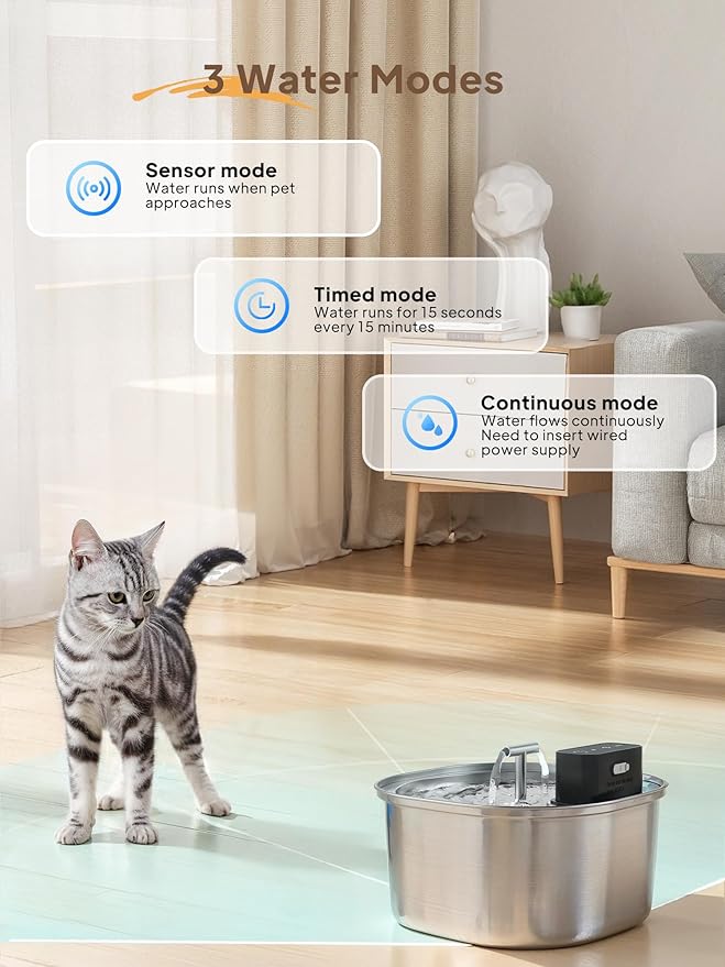 Voluas Cat Water Fountain Stainless Steel: 108oz/3.2L Wireless Cat Fountain - Image 4