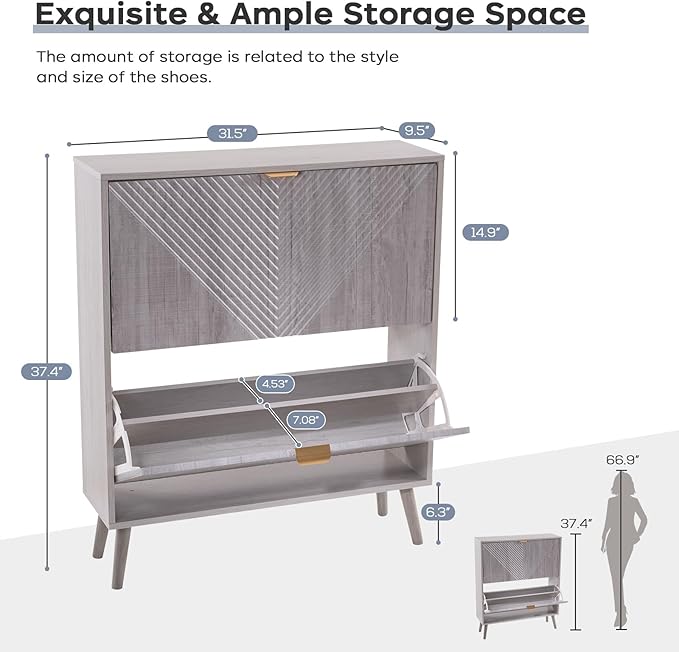 Shoe Cabinet with 2 Flip Drawers, Freestanding Shoe Cabinet Organizer with 4 - Image 2