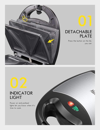Yabano Sandwich Maker, 3 in 1 Waffle Maker, Toaster and Electric Panini Press - Image 4