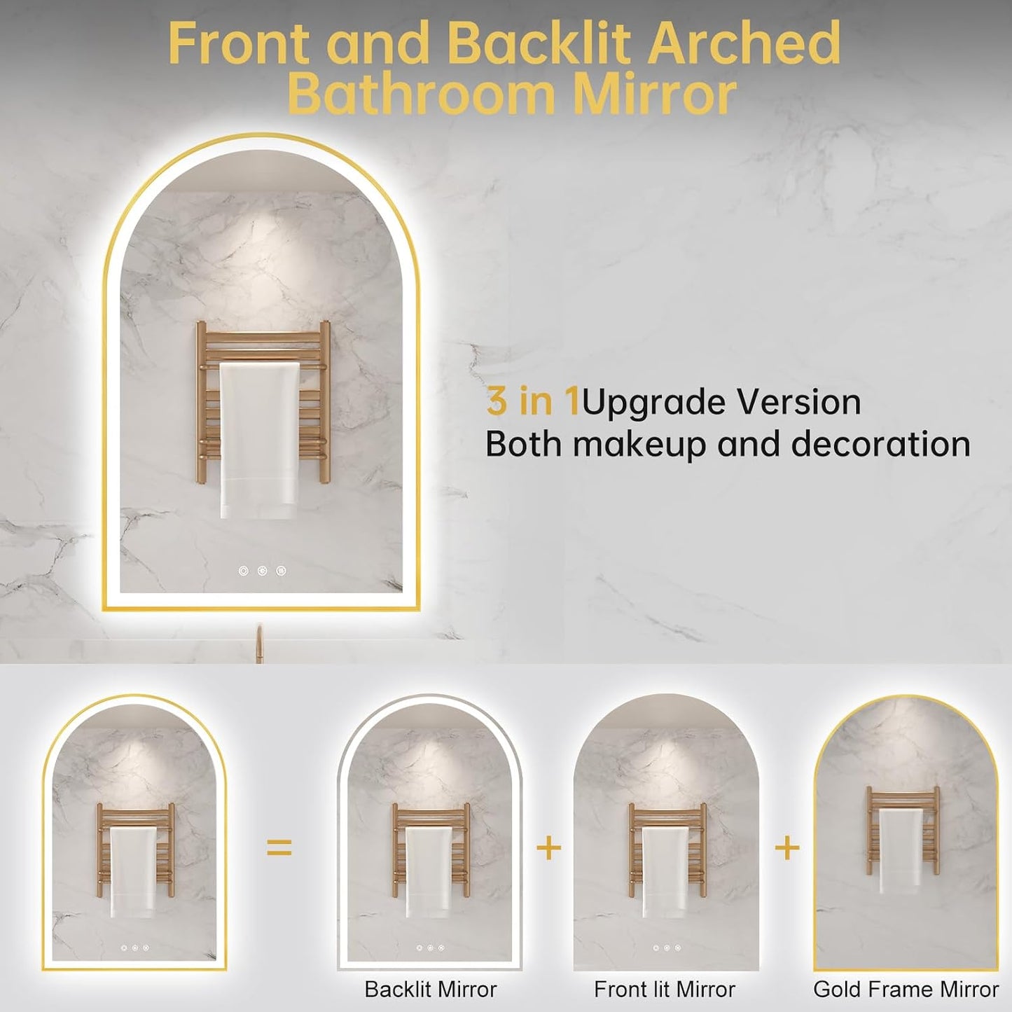 24"x36" Arched LED Lighted Bathroom Mirror with Lights | Gold Aluminum Frame, Fogless, Dimmable, Shatterproof, Touch Sensor, 3 Color Changing
