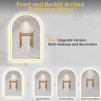 24"x36" Arched LED Lighted Bathroom Mirror with Lights | Gold Aluminum Frame, Fogless, Dimmable, Shatterproof, Touch Sensor, 3 Color Changing