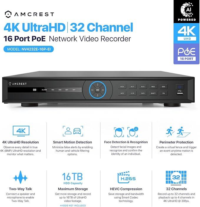 Amcrest 4K 32-Channel AI NVR Smart NVR, Facial Recognition, Facial Detection & - Image 2
