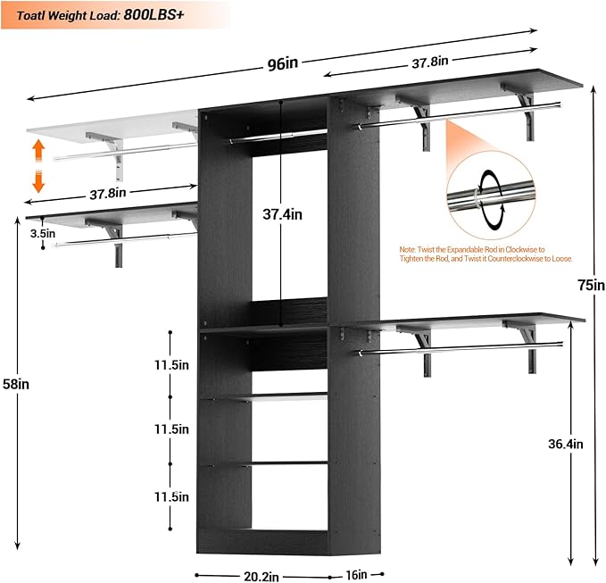 8FT Closet System with Shelves, Wall Mount Bedroom Wardrobe Walk-in Closet - Image 7