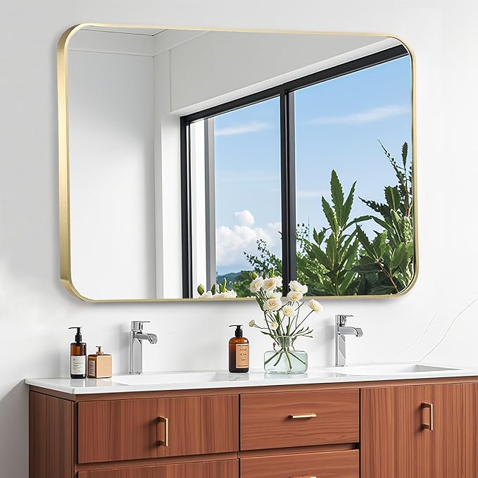 40x30 Inch Gold Bathroom Mirror, Brushed Gold Metal Framed Rectangular Mirror - Image 2