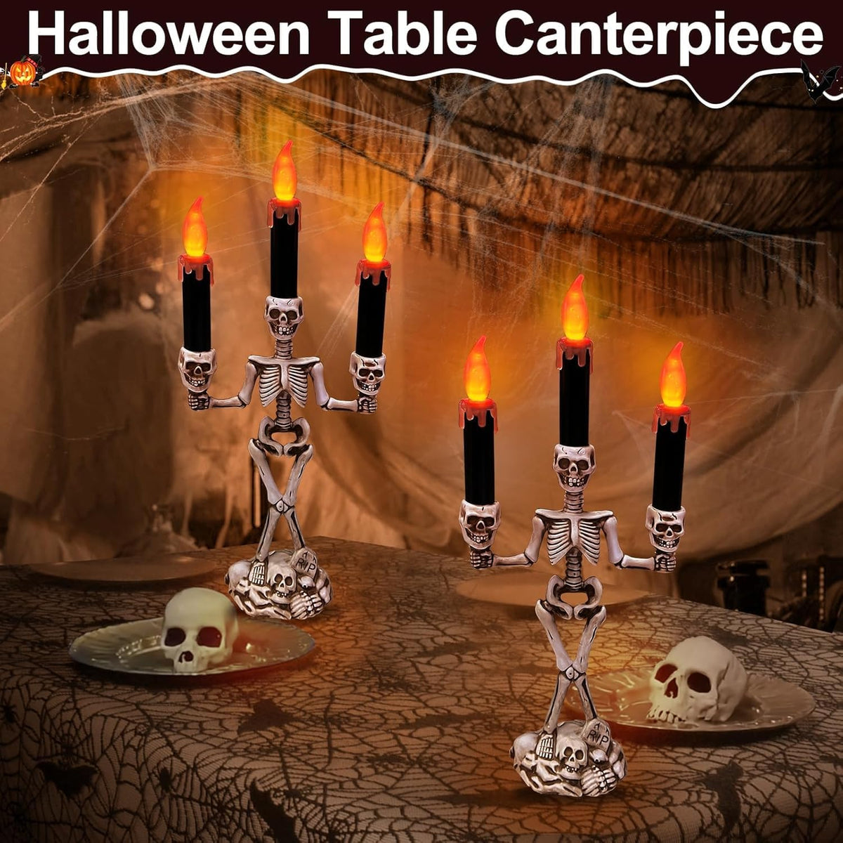 2 Pack Halloween Candelabra LED Flameless Candles Holder Table Centerpiece