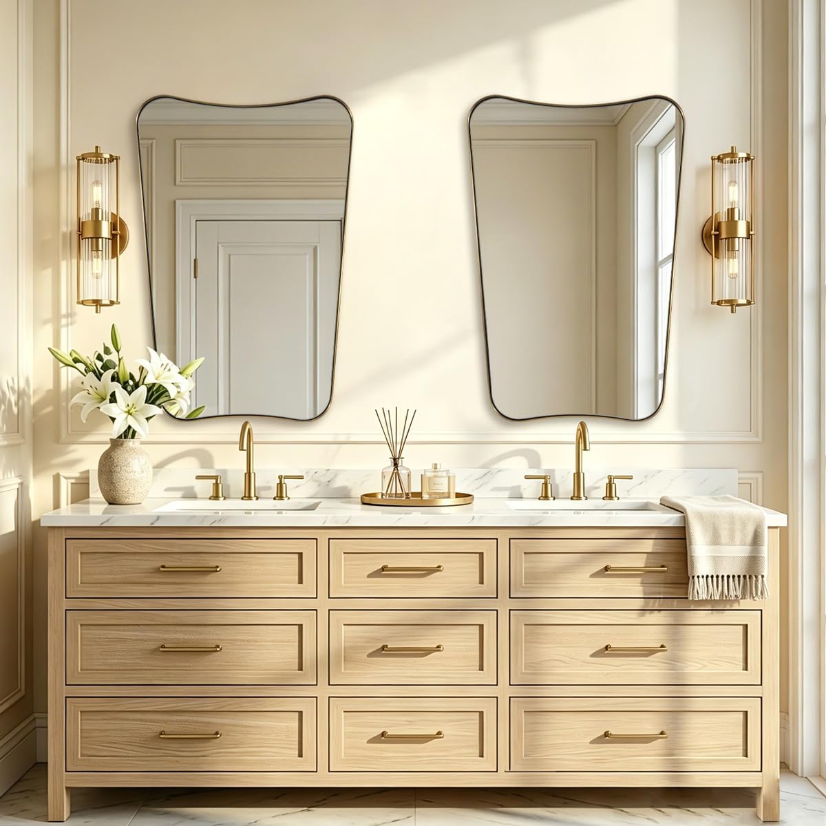 Irregular 20"x30" Brushed Gold Vanity Mirror | Anti-Rust Stainless Steel Frame, Soft Wavy Silhouette, Organic Bathroom Decor, Ideal for Bathroom Remodel, Hangs Vertically