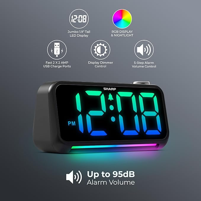 Sharp LED Digital Clock for Bedroom, Super Loud Alarm Clock for Heavy Sleepers - Image 3