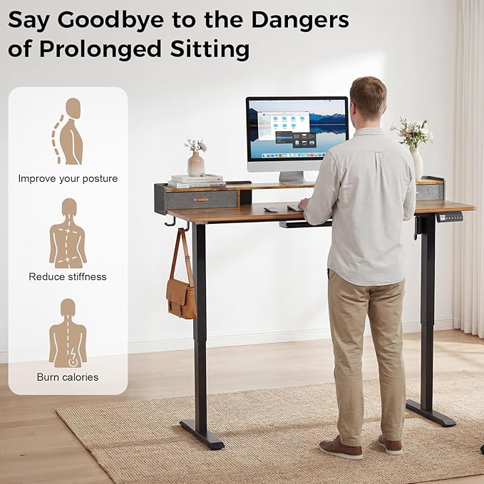 Electric Standing Desk with Drawers, 55 Inch Height Adjustable Desk with Power - Image 4