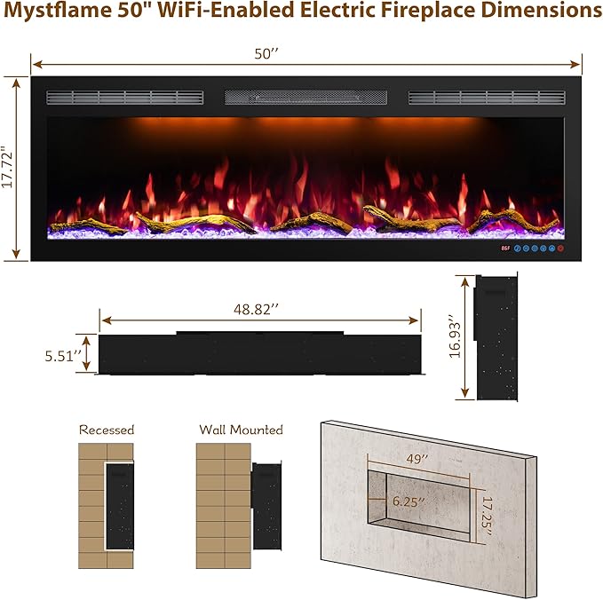 50 Inch WiFi-Enabled Electric Fireplace Inserts & Wall Mounted, Recessed - Image 5