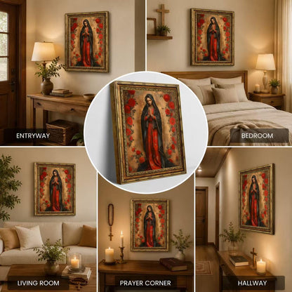 SQHVFXWR Golden Frame Our Lady of Guadalupe Canvas Wall Art with Religious Virgin Mary Painting Decor for Home Church Office - Red Rose & Halo Blessed Virgin Artwork16x24in
