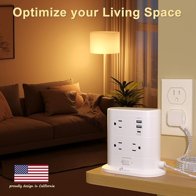 Overtop Tower Power Strip with Surge Protection, Nightlight Flat Plug Power - Image 5