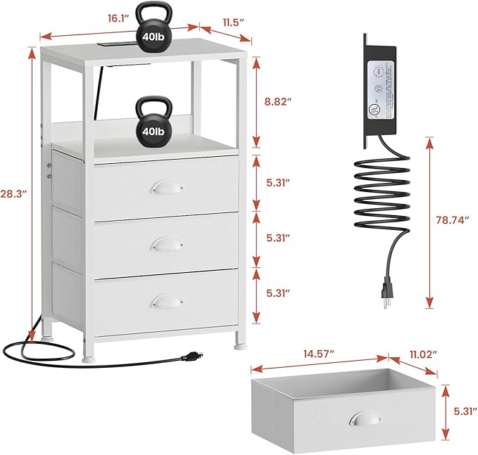 White Nightstand with Charging Station & Voice Control LED Light, 28.3" Night - Image 3