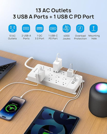 TROND Surge Protector Power Strip 10 ft, Flat Plug Long Extension Cord - Image 4